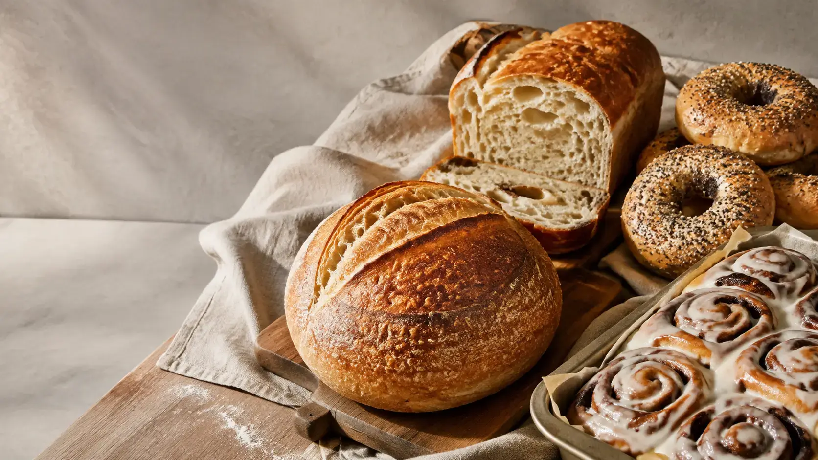 Fresh sourdough loaves, bagels and glazed cinnamon buns on a bakery table.