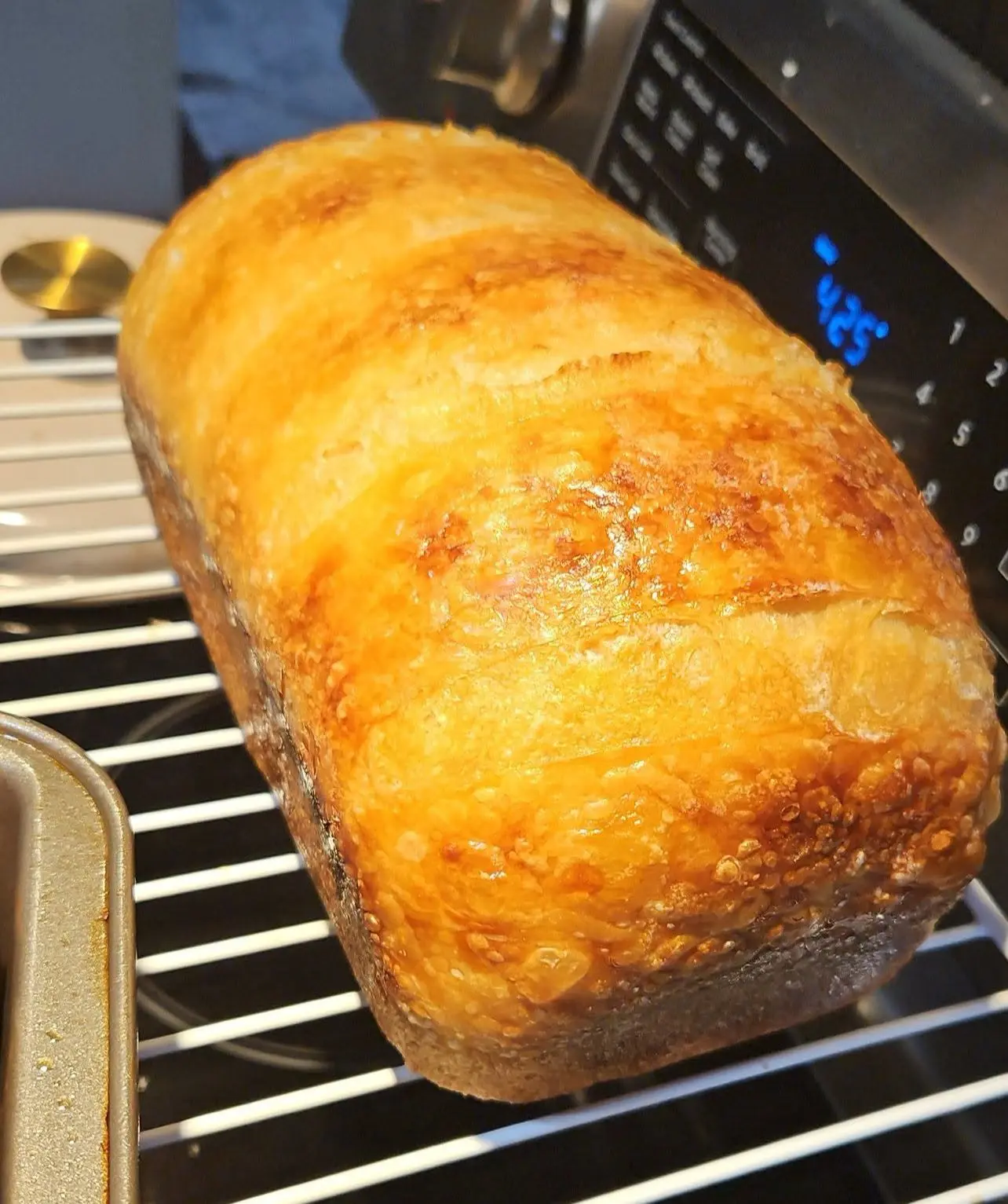 A deeply golden Holy Crumb sourdough sandwich loaf cooling on a rack.